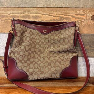 Coach Ivie Hobo Bag in Signature Jacquard with wine-colored leather
